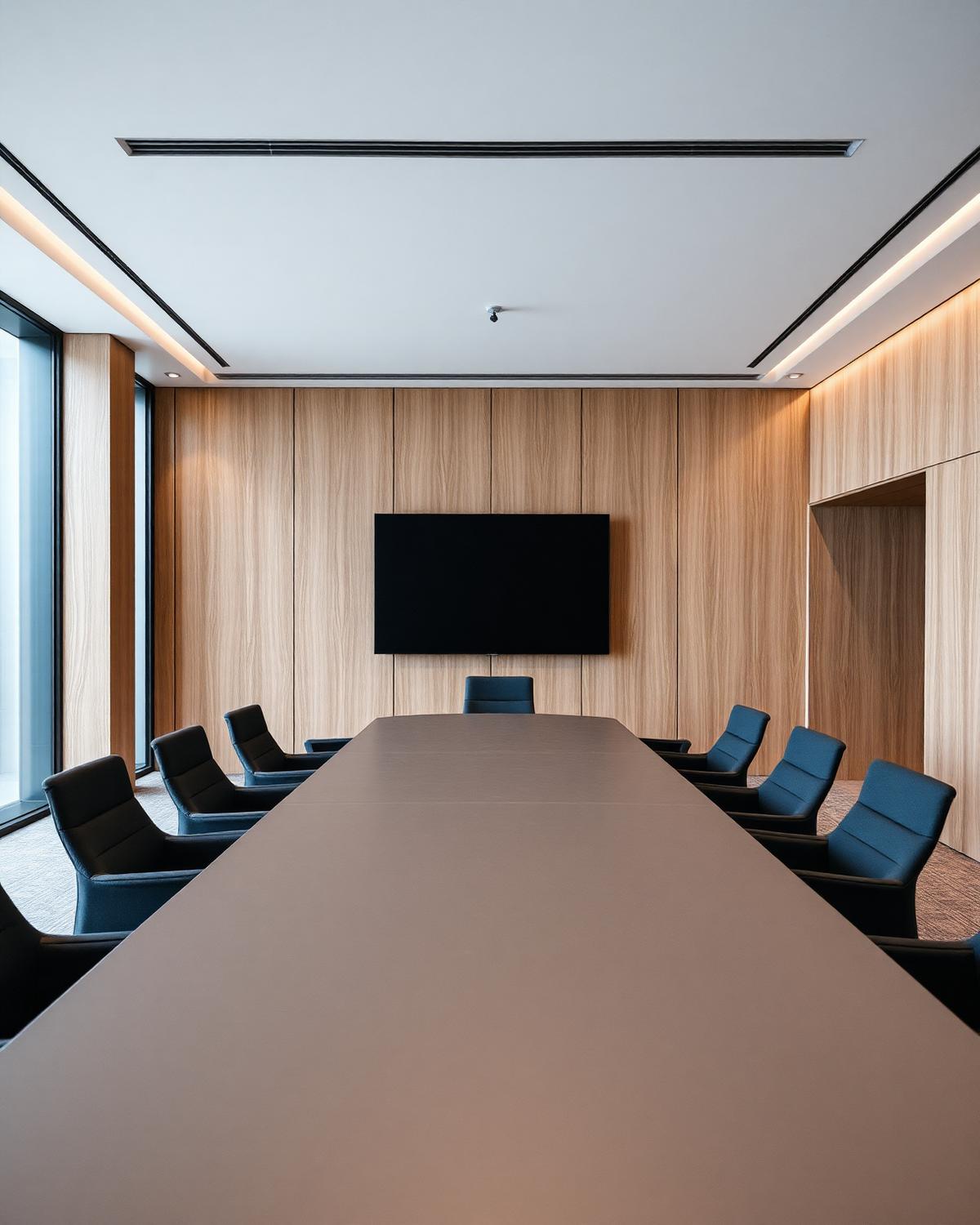 A meeting room with oak wall panelling and a matte table surface