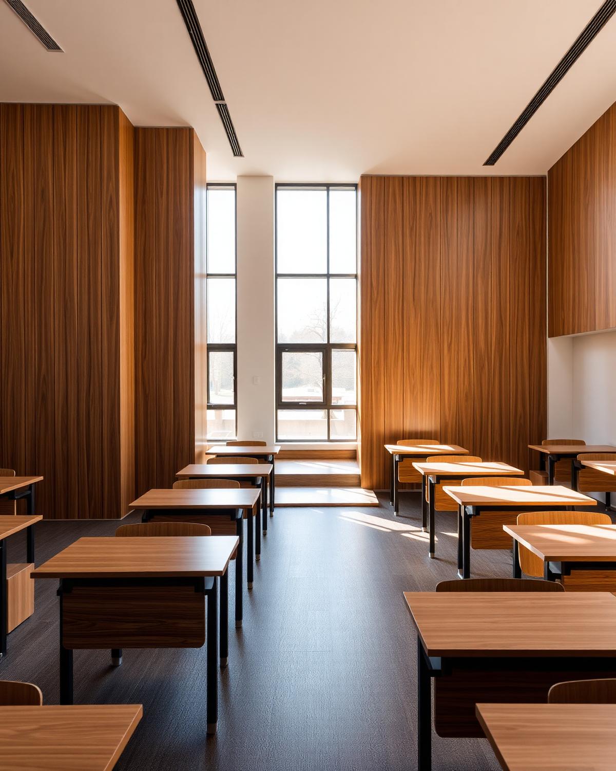 A classroom with renewed wood-effect desks and wall panelling